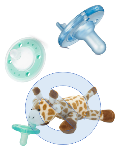 Examples of pacifiers not recommended after frenectomy procedures at Kids Smiles Pediatric Dentistry in St. Louis.