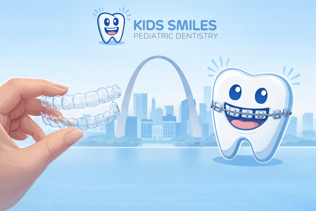 Branded image showing clear aligners and metal braces Kids Smiles St Louis MO