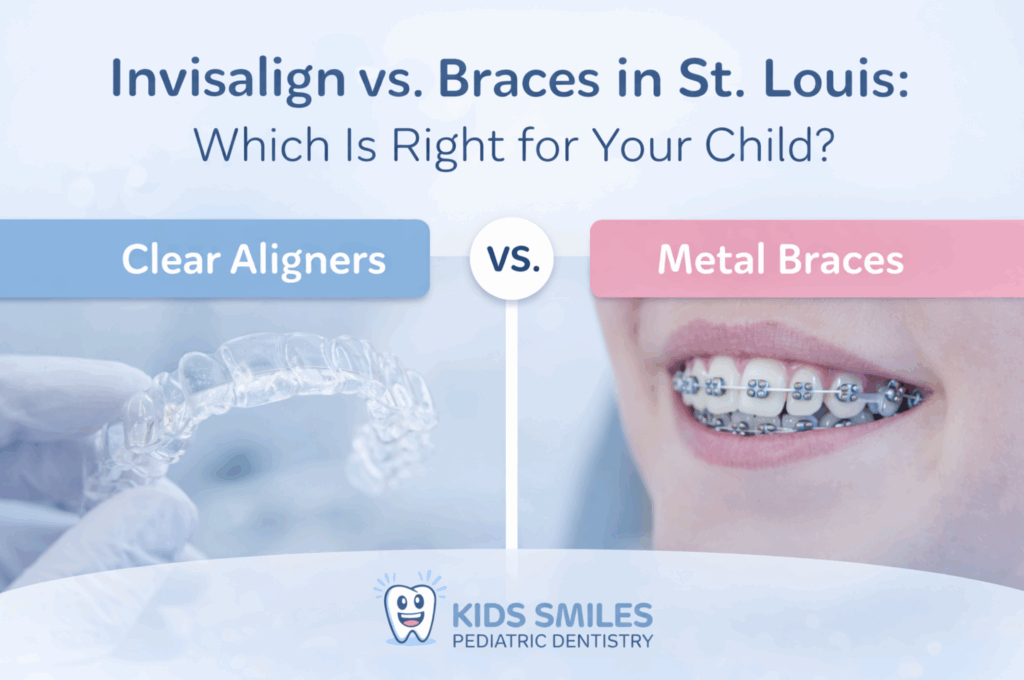 Infographic comparing invisalign clear aligners against traditional metal braces in st louis mo