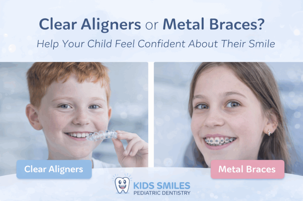 Infographic showing young boy with invisalign clear aligners versus girl with metal braces in st louis mo